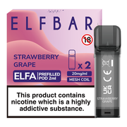 Elf Bar Elfa prefilled pod in Strawberry Grape flavor, blending sweet strawberries with juicy grapes for a smooth and fruity vape, designed for use with the Elf Bar Elfa device for a refreshing vaping experience.
